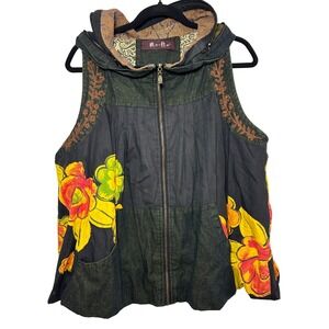 Art to Wear Vest Womens L Boho Avant Garde Hidden‎ Hood Embroidered